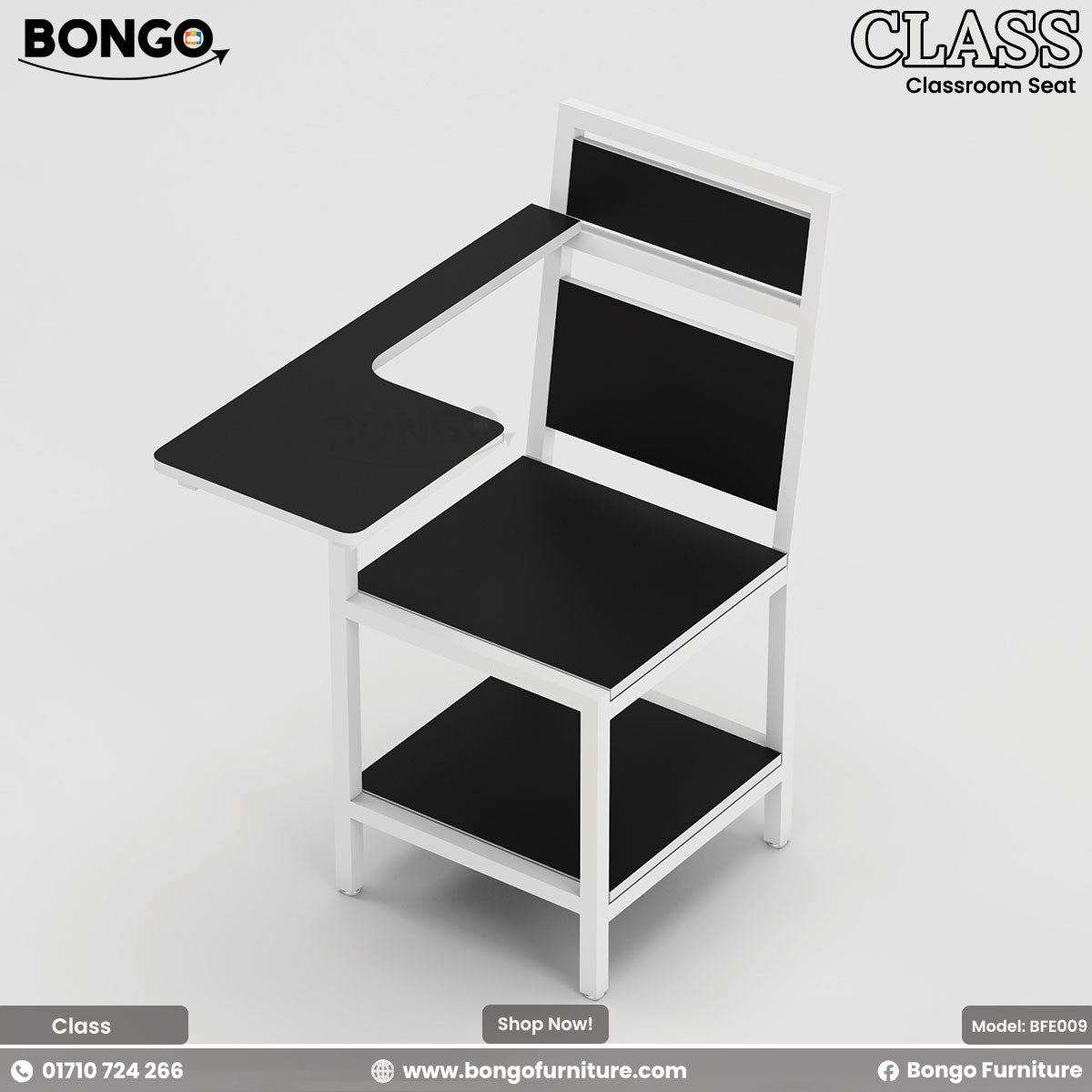 A black and white student chair with a metal frame and laminated board seat, designed for classroom use.