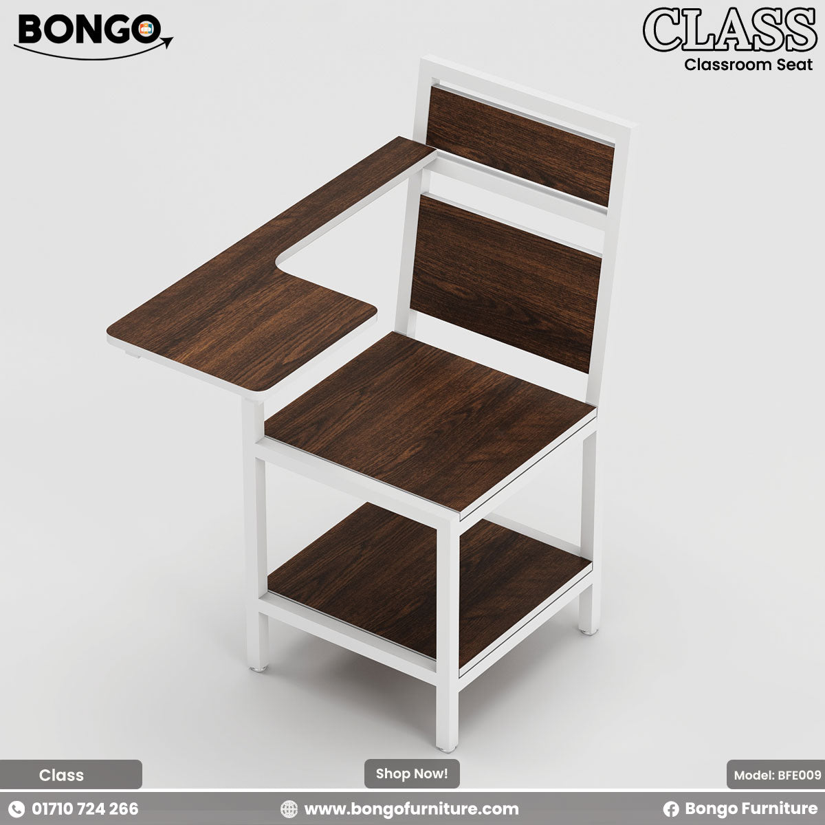 A Antique and white student chair with a metal frame and laminated board seat, designed for classroom use.