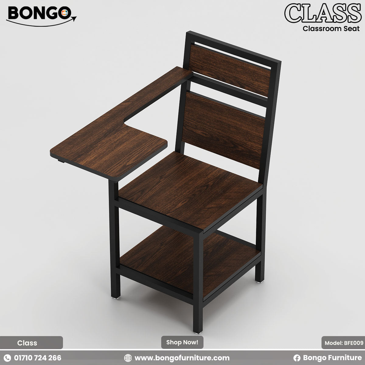 A Antique and Black student chair with a metal frame and laminated board seat, designed for classroom use.