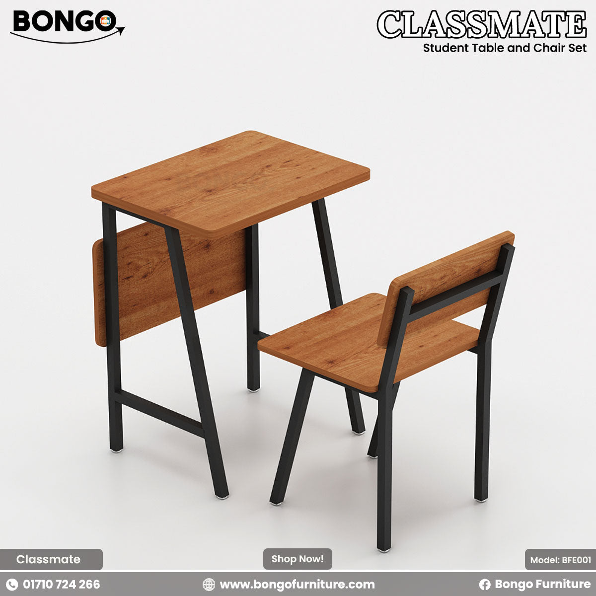 A student table and chair set with a brown Water Resistant Strong Laminated Board tabletop and black steel frame, designed for academic settings.