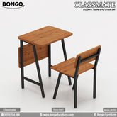 A student table and chair set with a brown Water Resistant Strong Laminated Board tabletop and black steel frame, designed for academic settings.