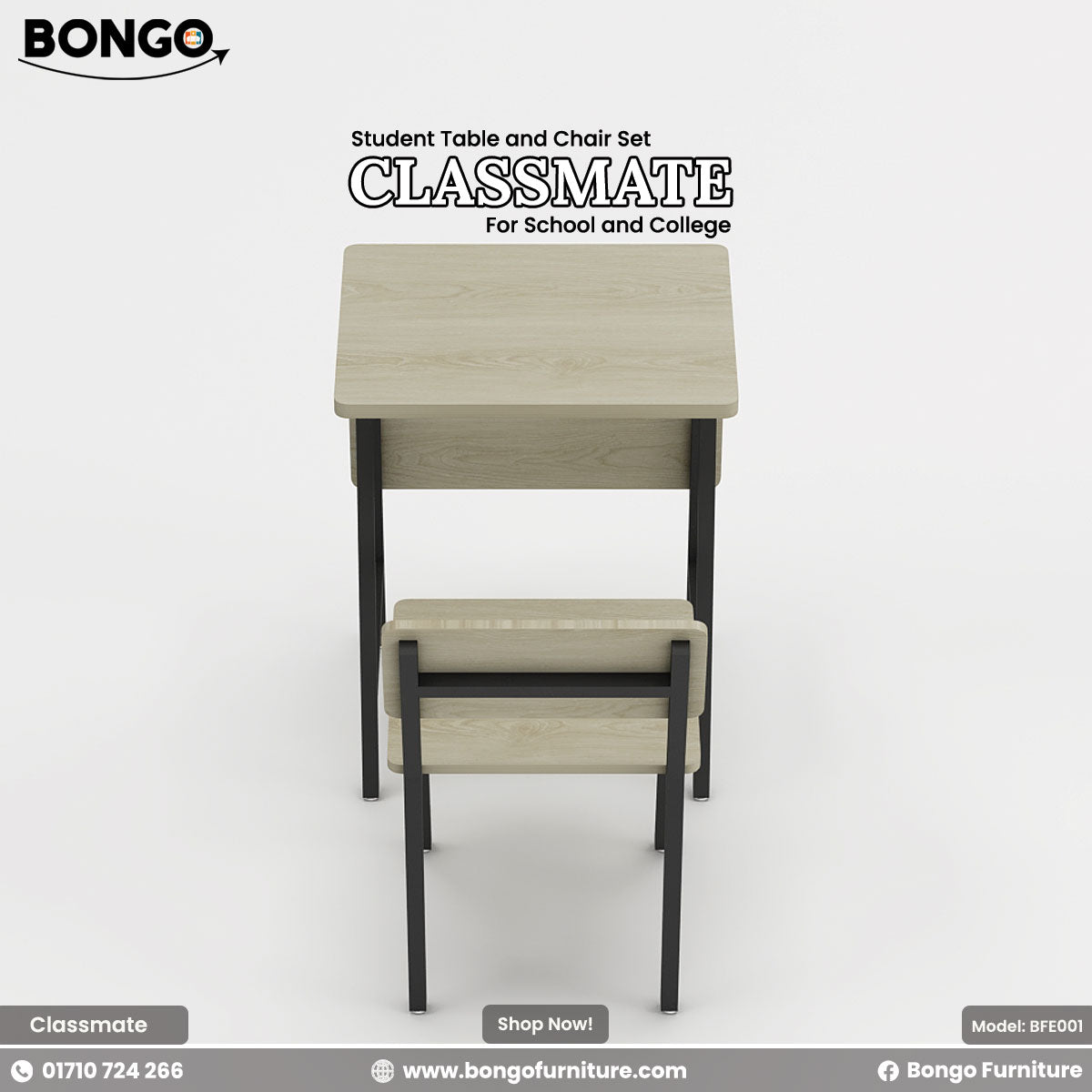 A modern student desk and chair set with a minimalist design, shown from a high angle. Both pieces feature a light Water Resistant Strong Laminated Board finish on the surfaces and a matte black metal frame. The desk has a rectangular top with a small, foldable side leaf, and the matching chair has a simple seat and backrest.