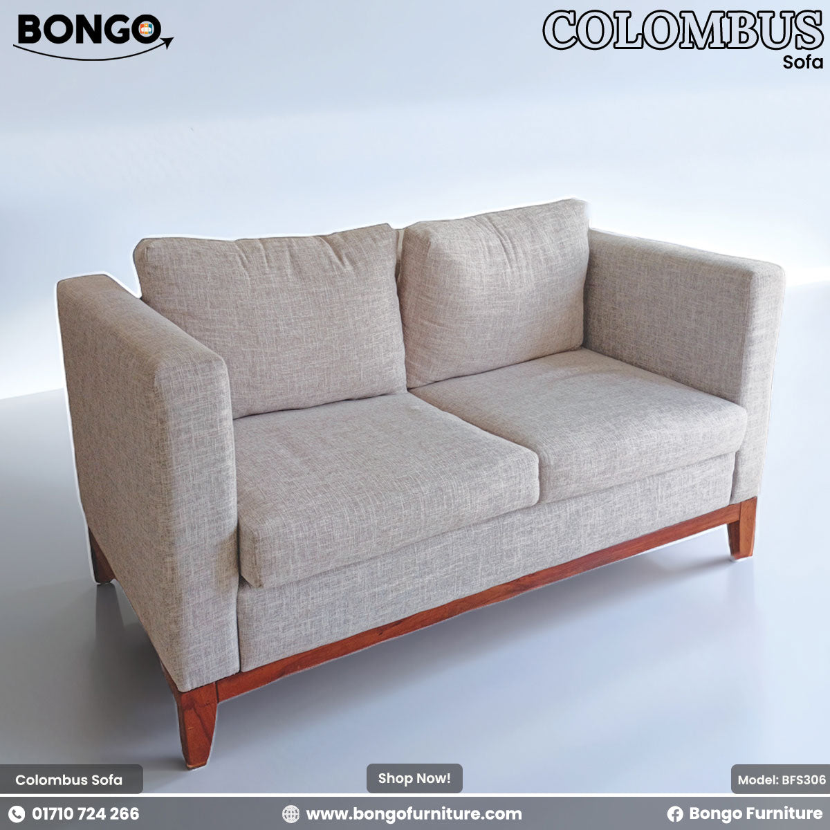 A beige Colombus sofa with a hardwood frame and wooden legs, from Bongo Furniture.