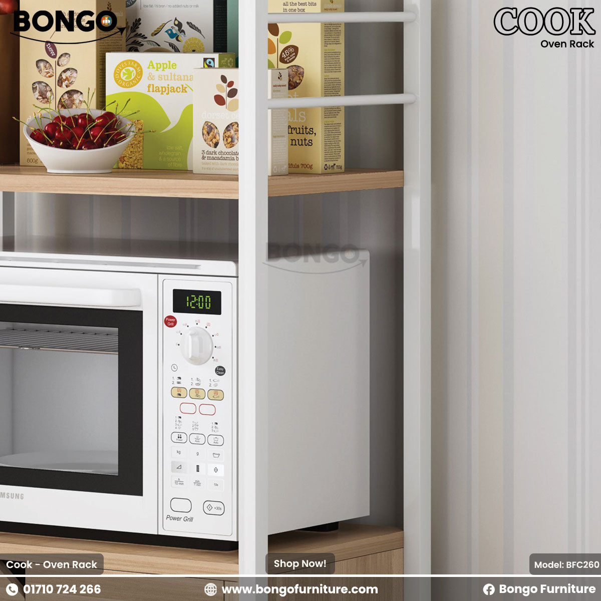 A promotional close-up for the 'COOK Oven Rack' from BONGO. The image shows a white microwave oven on a light wood-grain shelf. The shelf above is stocked with pantry items, including a bowl of cherries and boxes of food. The white metal frame of the rack is visible on the sides.