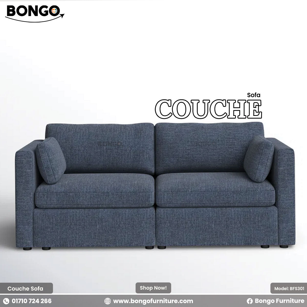Blue sofa with 'Bongo' branding on a white background