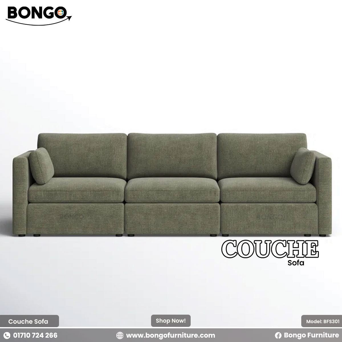 Green sofa with 'Bongo' branding on a white background