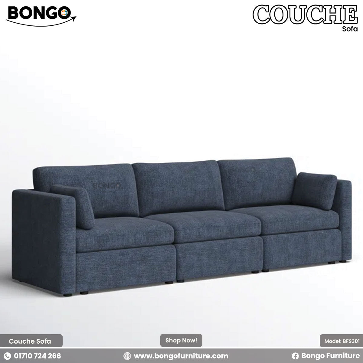 Blue sofa with Bongo Furniture branding on a white background