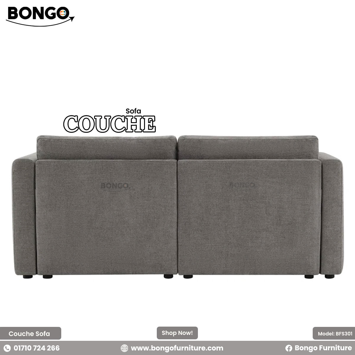 Gray sofa with 'Bongo' branding on a white background