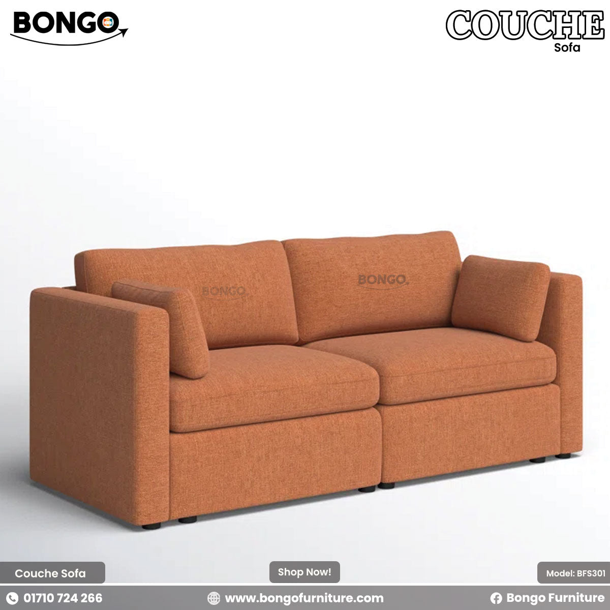 Orange sofa with 'Bongo' branding on a white background