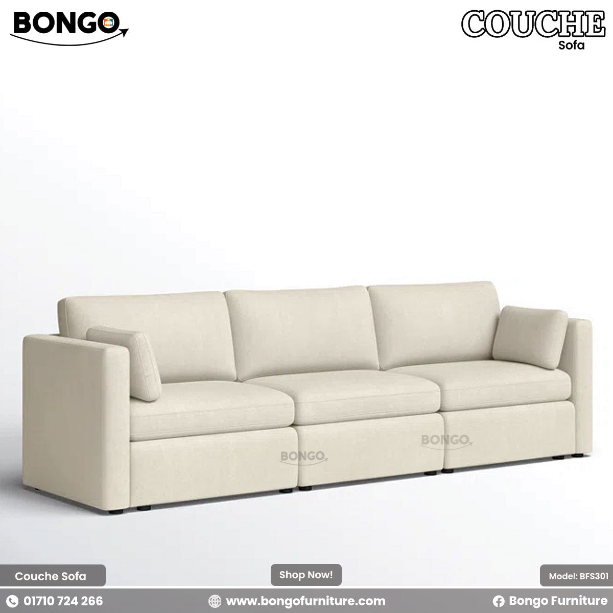 Beige sofa with 'Bongo' branding on a white background