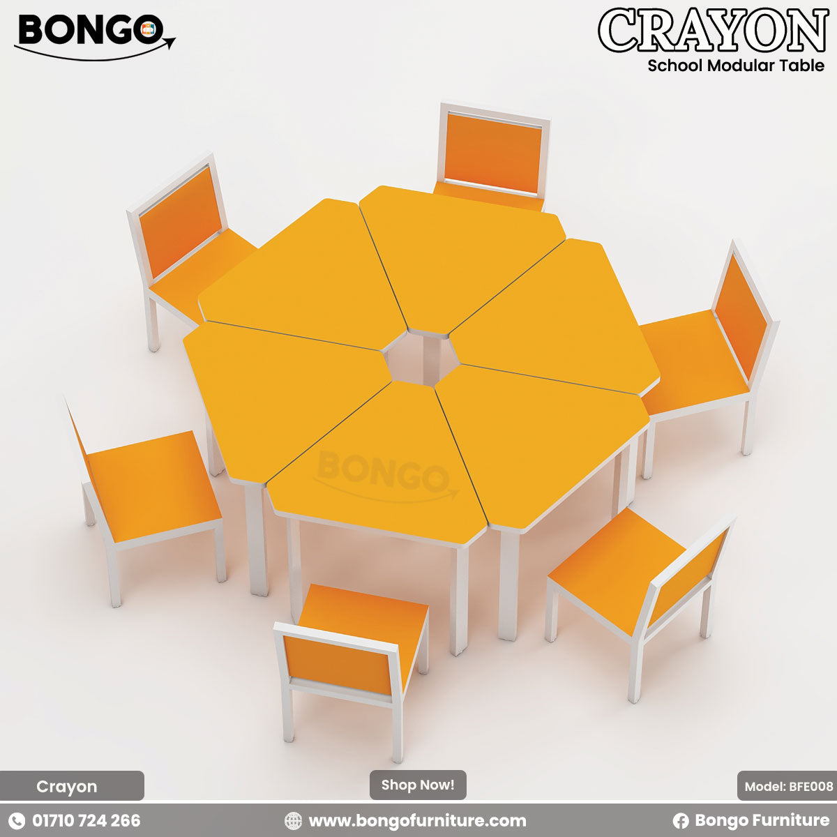 An image of a yellow hexagonal modular school table with white steel legs and orange chairs, branded by Bongo.
