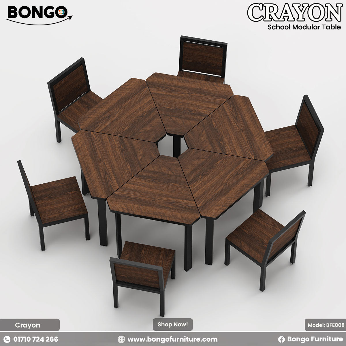 An image of a yellow hexagonal modular school table with white steel legs and orange chairs, branded by Bongo.