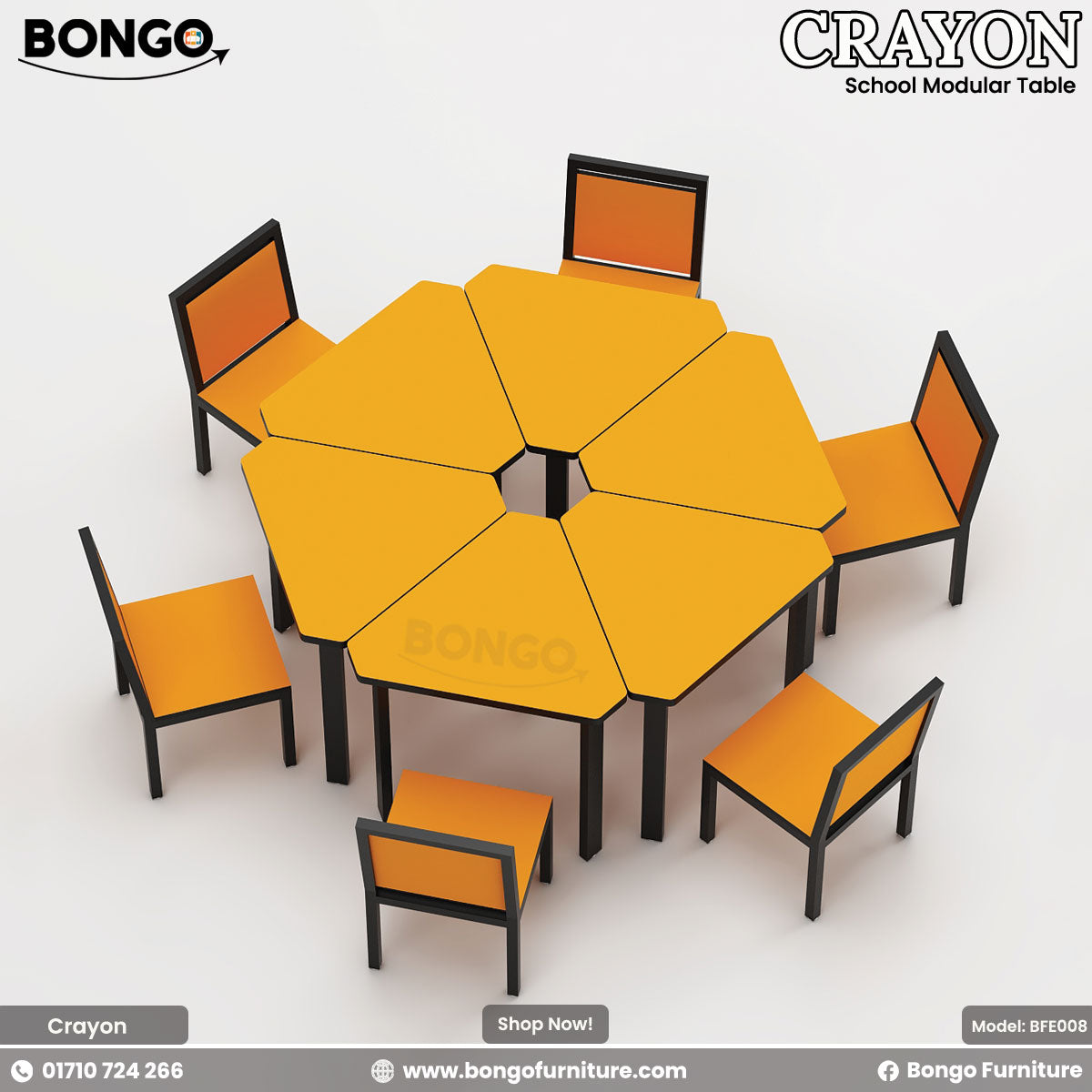 An image of a yellow hexagonal modular school table with white steel legs and orange chairs, branded by Bongo.