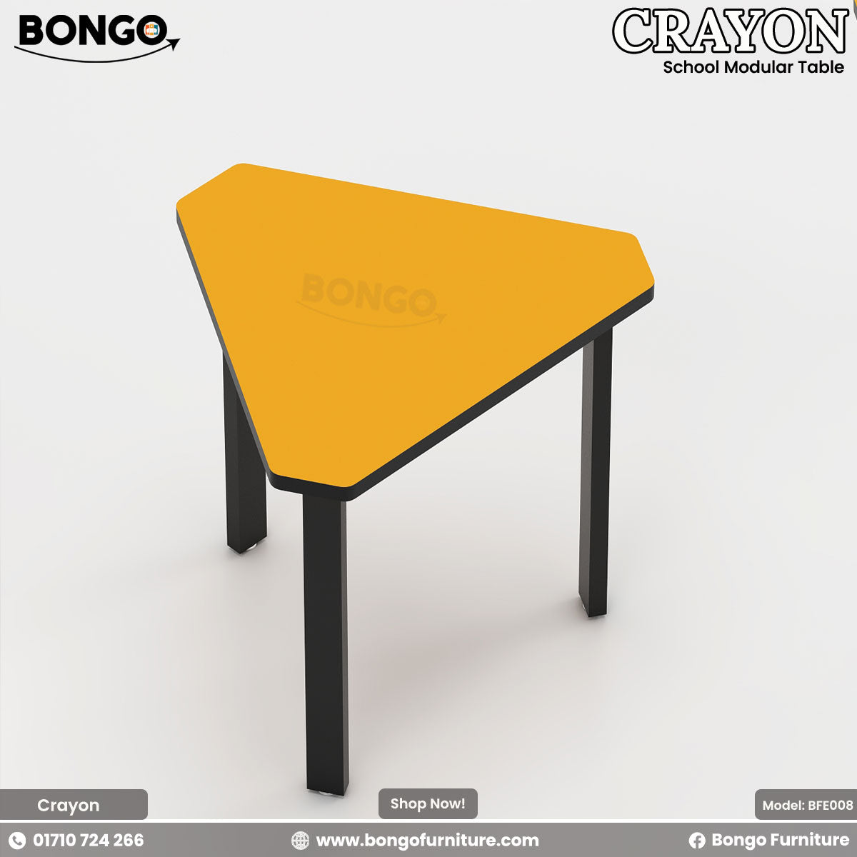 A modern three-legged table with a unique, triangular-shaped top. The tabletop is a solid, bright orange-yellow color with a black edge, and it is supported by three thick, matte black legs. The table is shown against a plain white background.
