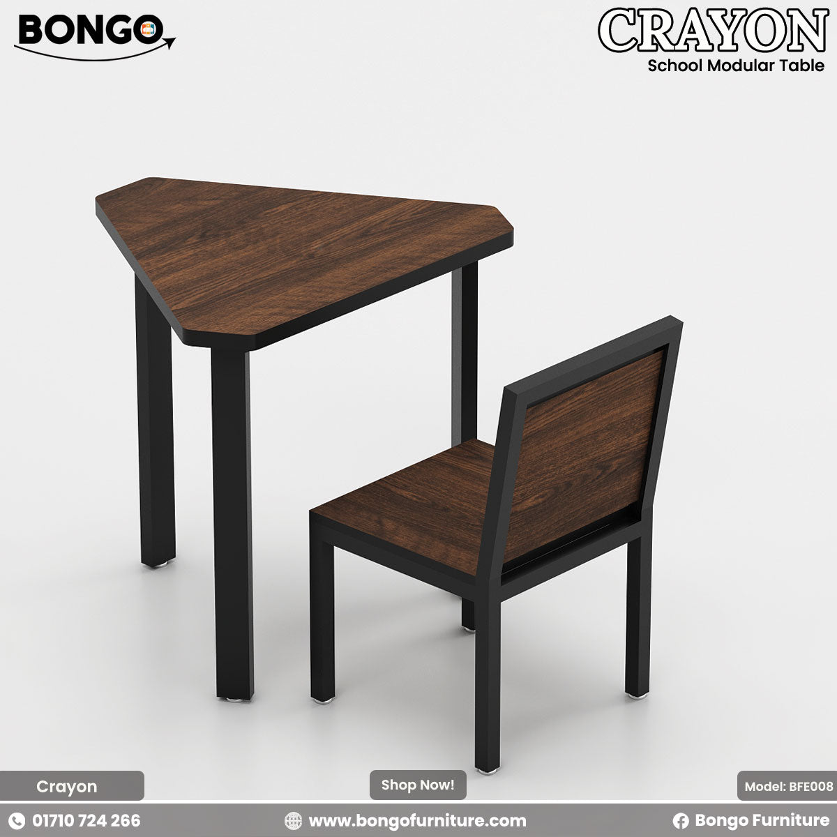 A modern student desk and chair set with a strong geometric theme. Both pieces feature a dark wood-grain finish on the surfaces and a matte black metal frame. The desk has a distinctive triangular top with three legs, and the simple matching chair has a square seat and backrest.