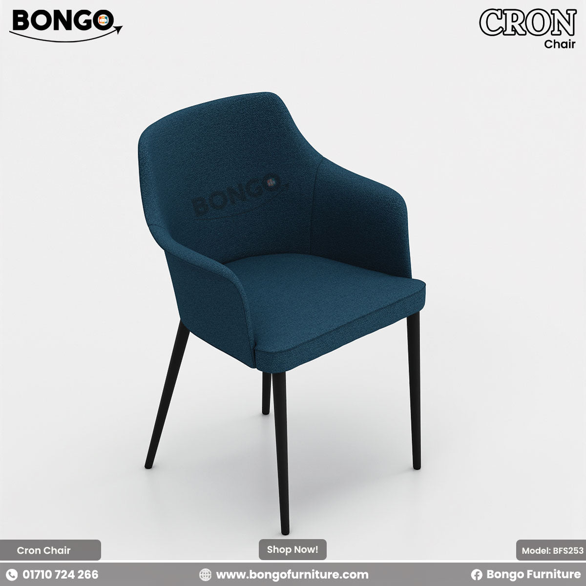 A promotional image of the 'Chair CRON' from BONGO. This is a modern armchair upholstered in a textured, deep blue fabric, featuring flared arms that are integrated with the backrest. The chair stands on four slender, angled black legs.