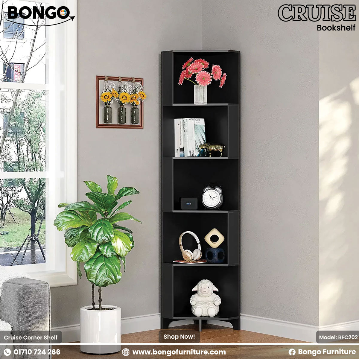 A white corner shelf with five tiers, featuring various decorative items such as books, a teddy bear, and framed pictures. The shelf is positioned in a corner of a room with a plant and a wall drawing in the background.