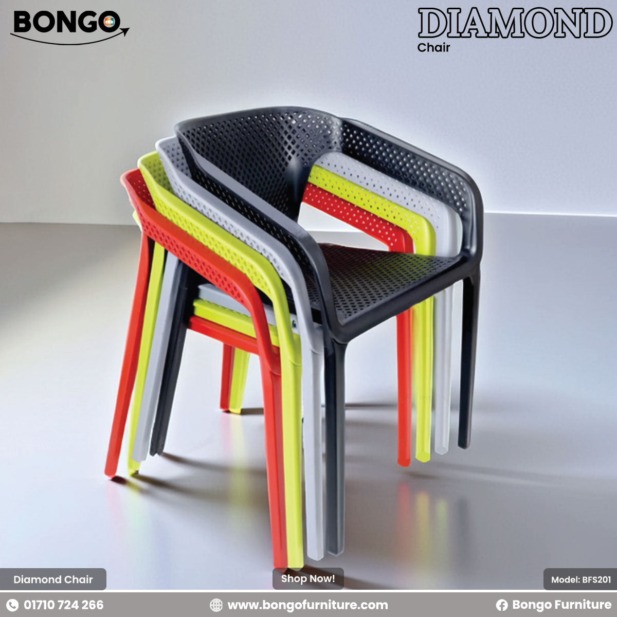 Stack of colorful chairs with a promotional background for Bongo Furniture.