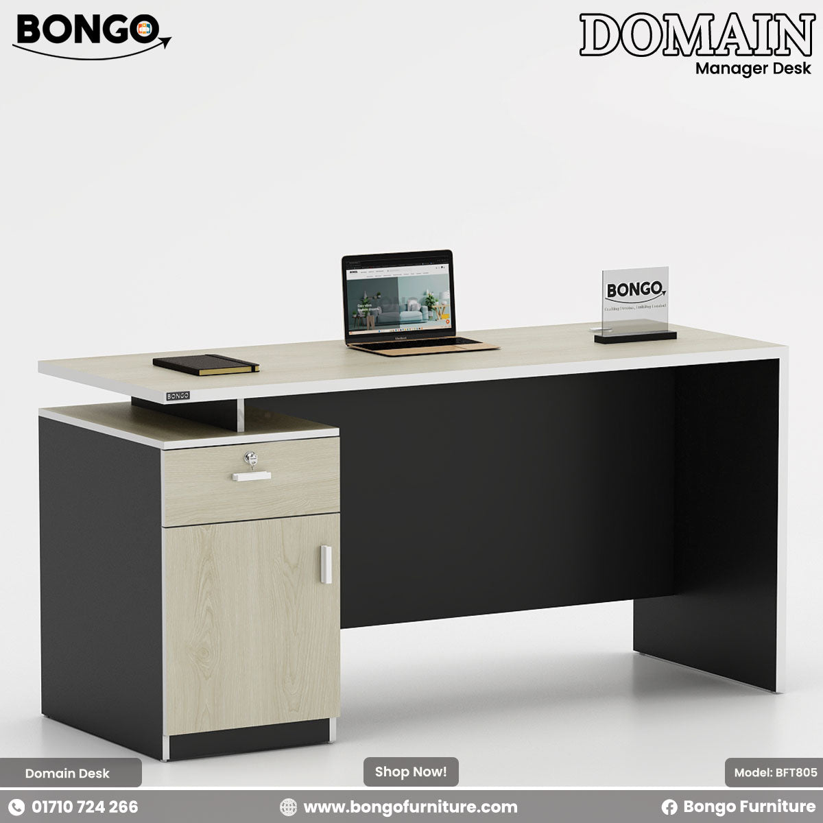 Bongo Domain Manager Desk with laptop and tablet on a white background