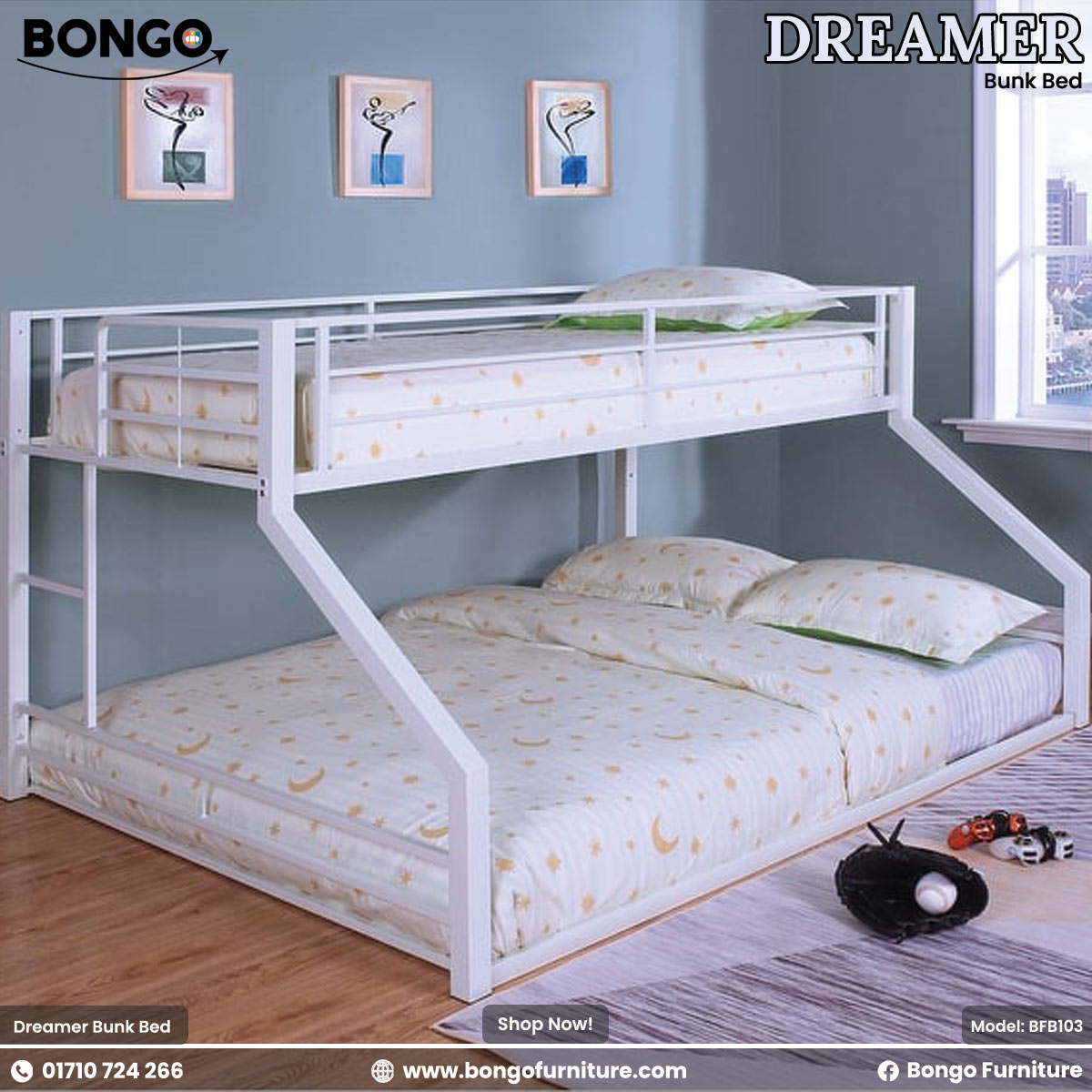 White bunk bed with bedding in a room setting, featuring Bongo Furniture branding.