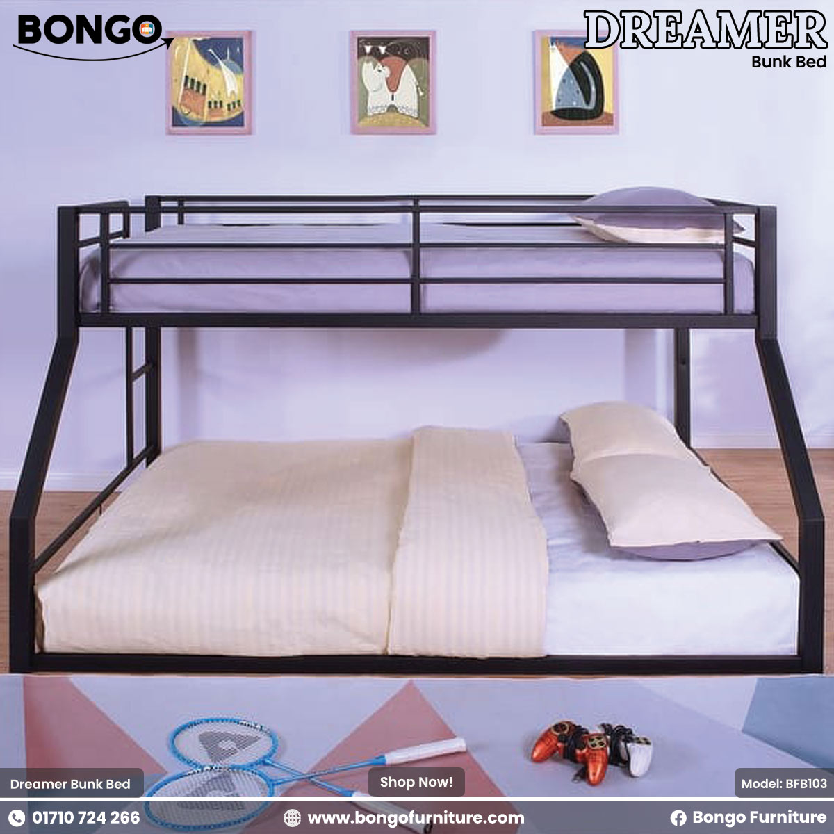 Bunk bed with bedding and toys on a wooden floor, with 'Bongo' branding.