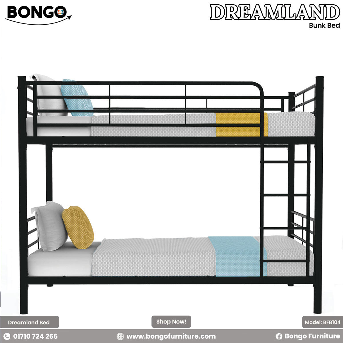 Bunk bed with bedding and pillows on a white background, featuring the Bongo Furniture brand.