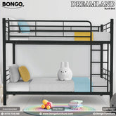 Bunk bed with white bedding and colorful pillows on a white background, featuring Bongo Furniture branding.