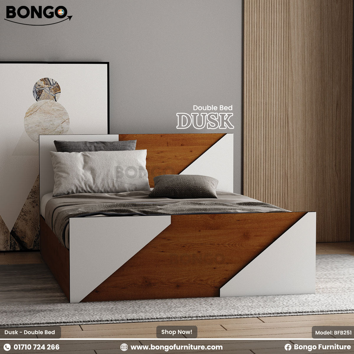 A sleek, modern queen-size bed with white and Water Resistant Strong Laminated Board finishes, featuring a low-profile design and water-resistant laminated construction.