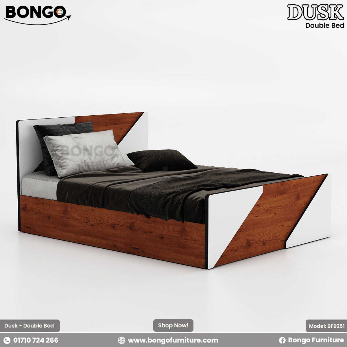 A sleek, modern queen-size bed with white and Water Resistant Strong Laminated Board finishes, featuring a low-profile design and water-resistant laminated construction.