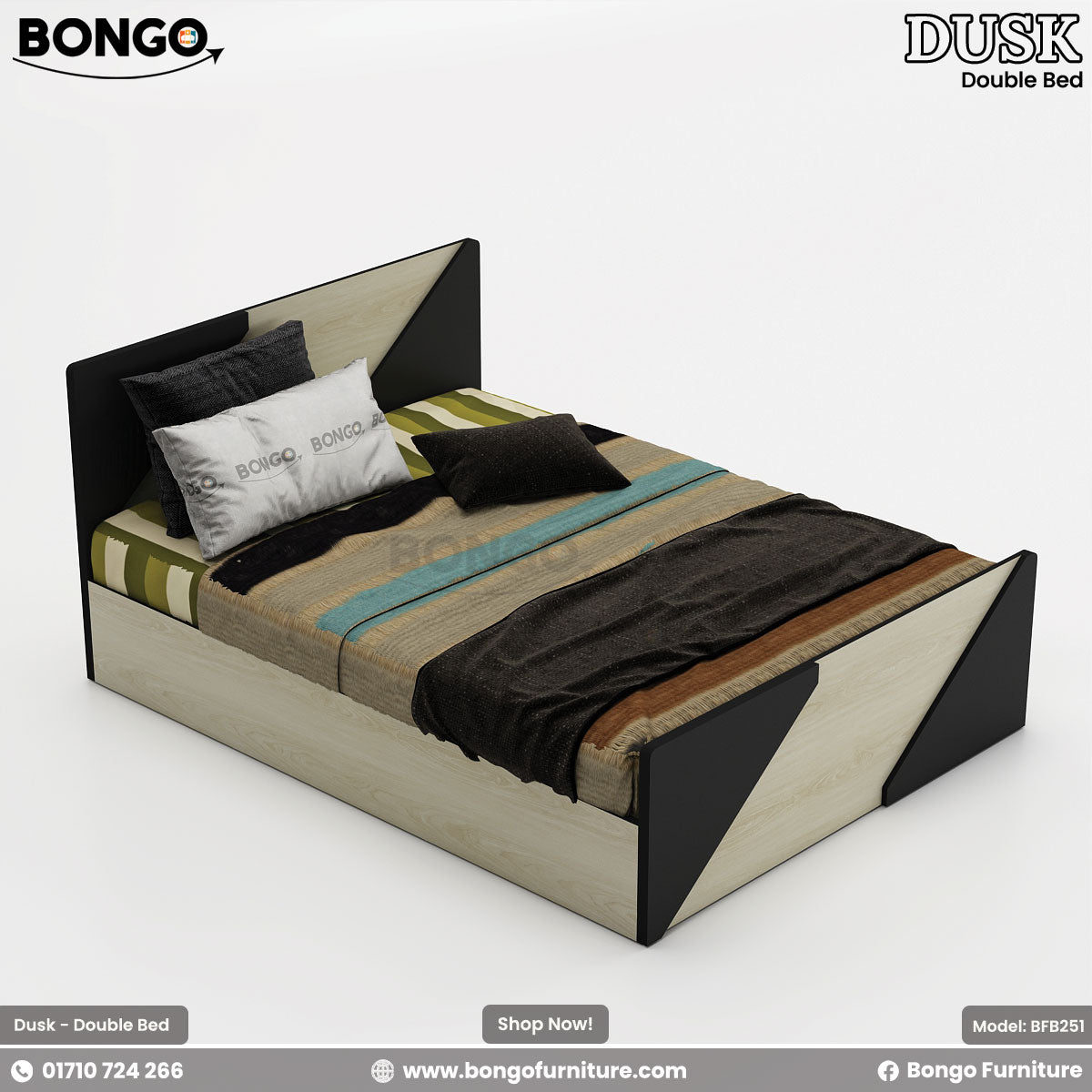 A sleek, modern bed with white and Water Resistant Strong Laminated Board finishes, featuring a low-profile design and water-resistant laminated construction.