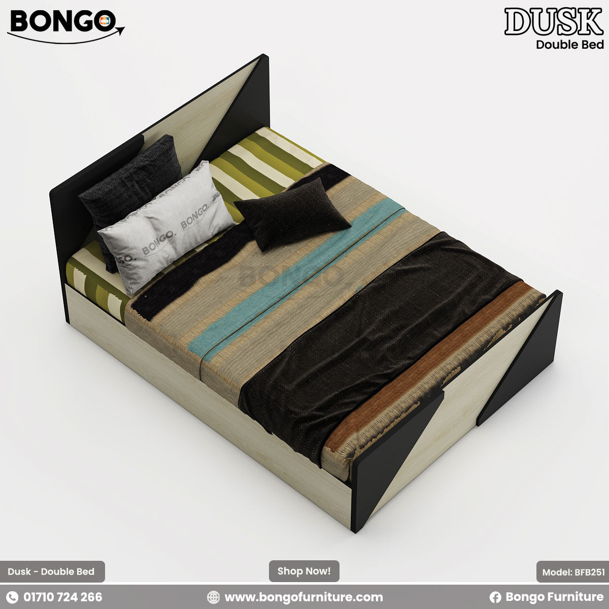 A sleek, modern bed with white and Water Resistant Strong Laminated Board finishes, featuring a low-profile design and water-resistant laminated construction.