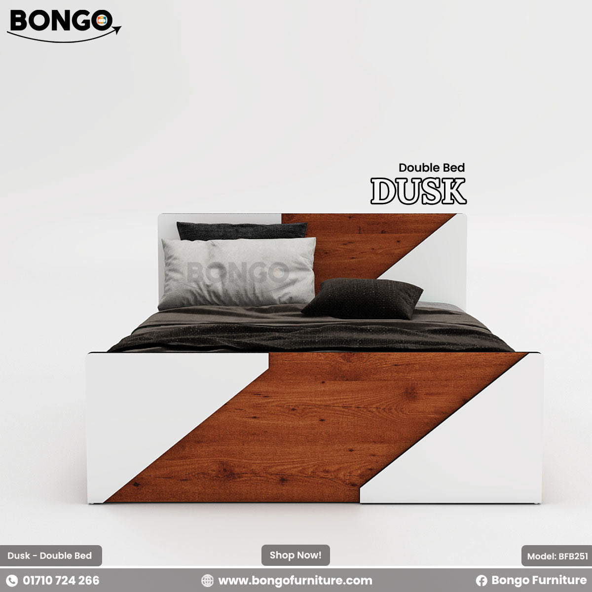 A sleek, modern queen-size bed with white and wood finishes, featuring a low-profile design and water-resistant laminated construction.