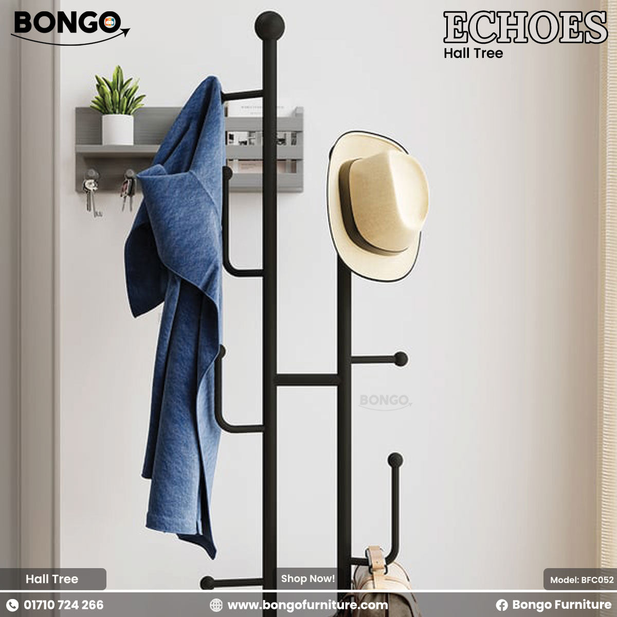A promotional image shows a modern black metal hall tree with a round white base, standing in an entryway. A blue robe, a light-colored hat, and a tan backpack hang from its various hooks. The hall tree is set against a white brick wall, next to a large window on the left and a small potted plant on the right. The flooring is light-colored wood. In the top corners of the image are the brand logos "BONGO" and "ECHOES Hall Tree".