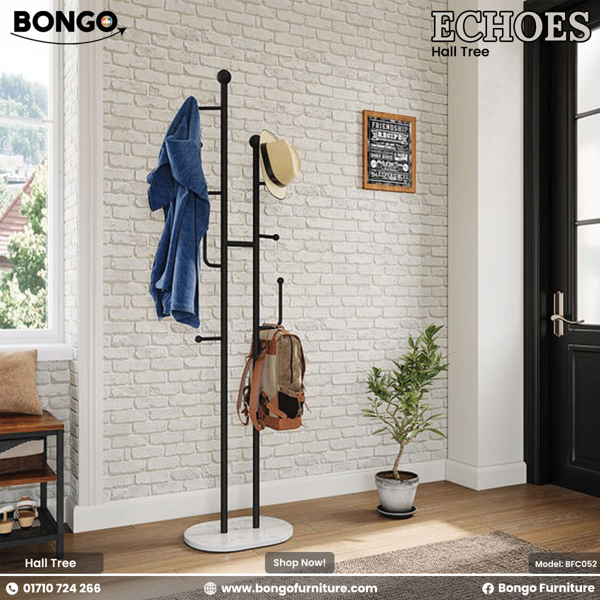 A promotional image shows a modern black metal hall tree with a round white base, standing in an entryway. A blue robe, a light-colored hat, and a tan backpack hang from its various hooks. The hall tree is set against a white brick wall, next to a large window on the left and a small potted plant on the right. The flooring is light-colored wood. In the top corners of the image are the brand logos "BONGO" and "ECHOES Hall Tree".