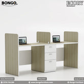 Dual-seater Ecory Workstation with white and beige colors, featuring partition walls, desk tops with laptops, and storage drawers.