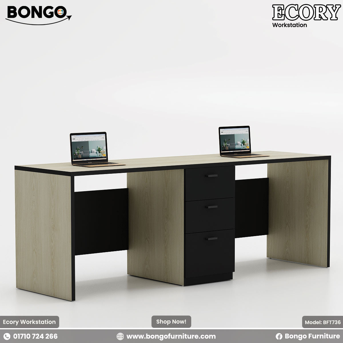 Dual-seater Ecory Workstation with white and beige colors, featuring partition walls, desk tops with laptops, and storage drawers.