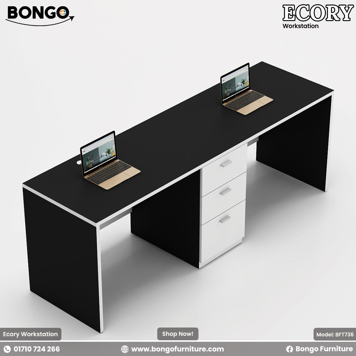 Dual-seater Ecory Workstation with white and beige colors, featuring partition walls, desk tops with laptops, and storage drawers.