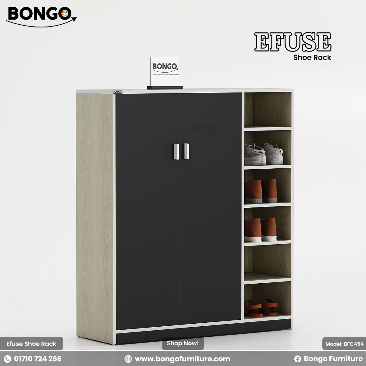 A product image of the "EFUSE Shoe Rack" by Bongo. The tall, modern cabinet features a light wood-grain frame, a large two-door cupboard with matte black doors and silver handles on the left, and a column of five open display shelves on the right. The open shelves are styled with several pairs of shoes. The unit is set against a plain, light grey background.