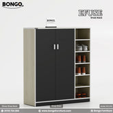 A product image of the "EFUSE Shoe Rack" by Bongo. The tall, modern cabinet features a light wood-grain frame, a large two-door cupboard with matte black doors and silver handles on the left, and a column of five open display shelves on the right. The open shelves are styled with several pairs of shoes. The unit is set against a plain, light grey background.