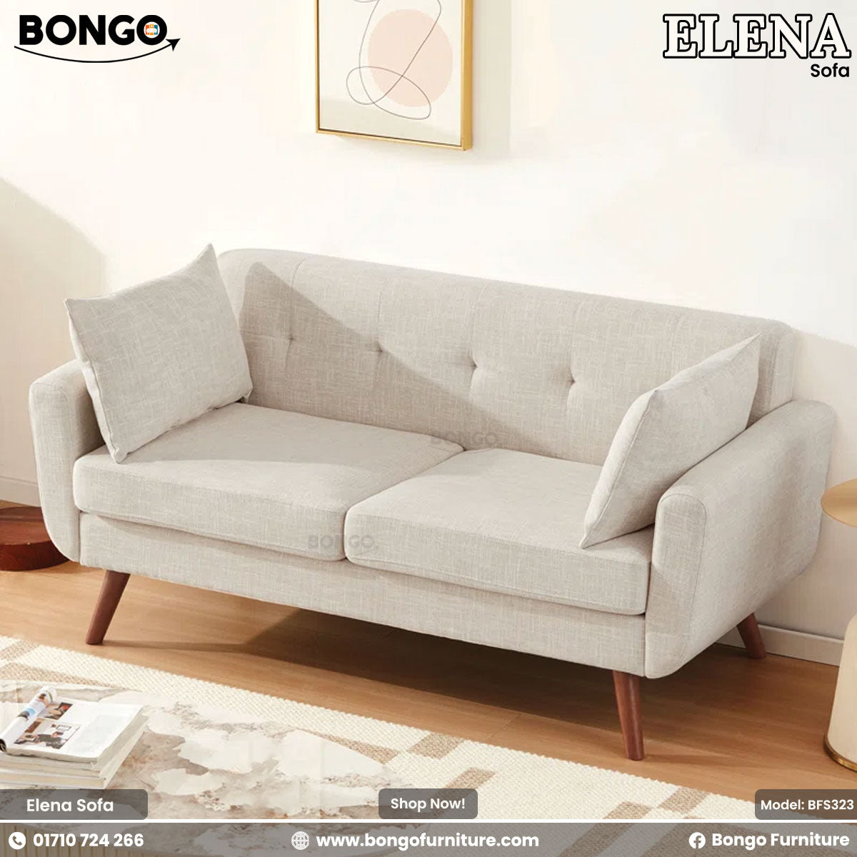 Beige sofa with cushions in a living room setting, featuring Bongo Furniture branding.