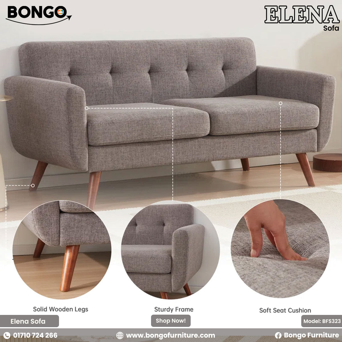 Gray sofa with detailed views and Bongo Furniture branding