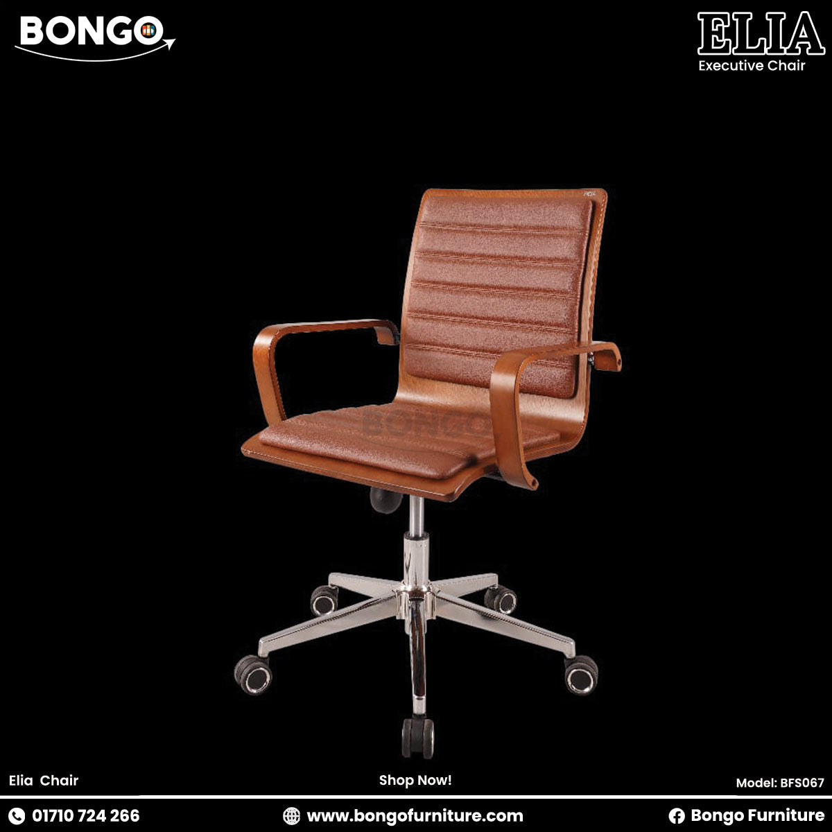 An Elia executive chair with brown premium leather, chrome base, and ply wooden armrests, featuring a height adjustment mechanism and 360-degree swivel.