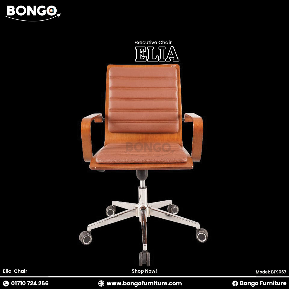 An Elia executive chair with brown premium leather, chrome base, and ply wooden armrests, featuring a height adjustment mechanism and 360-degree swivel.