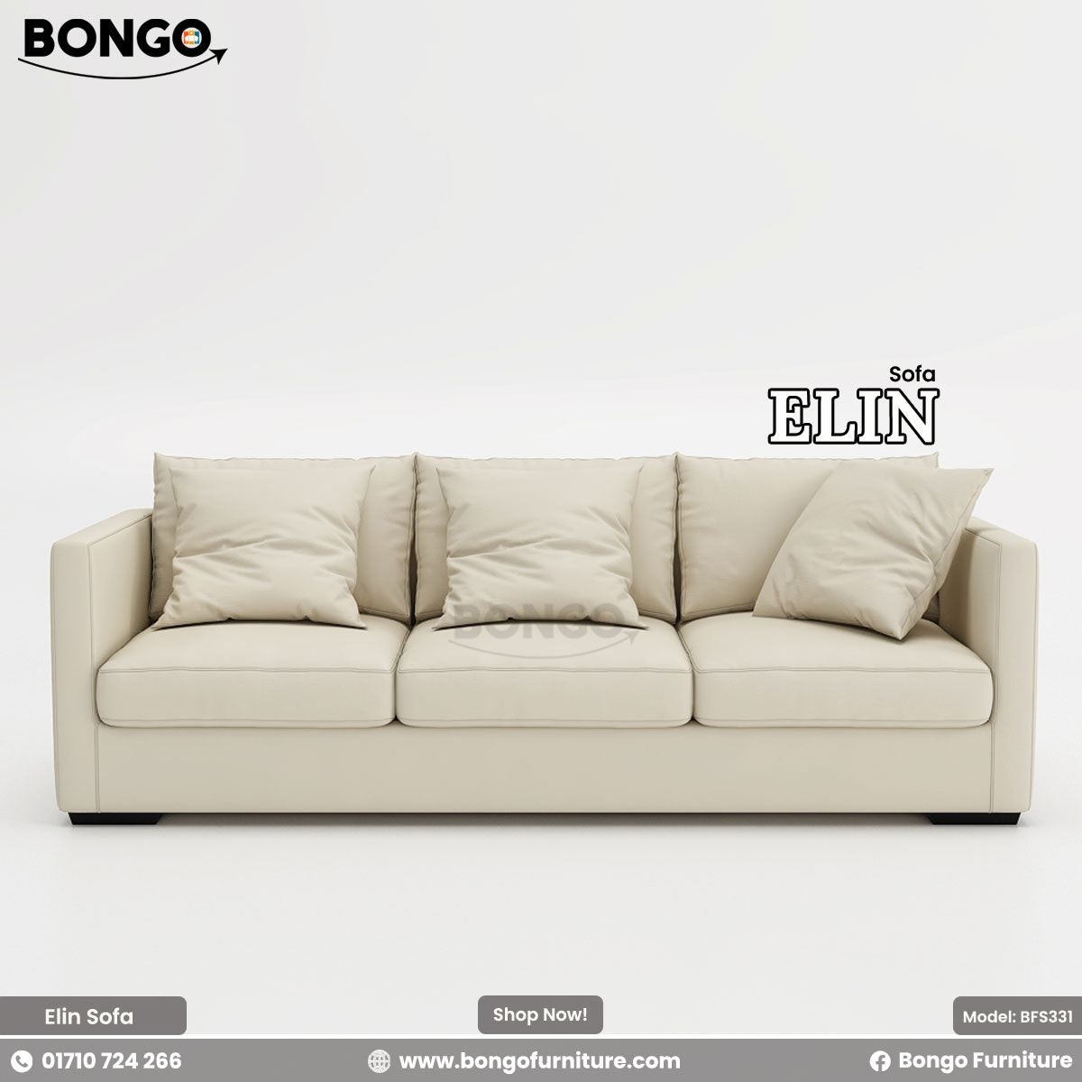 A promotional image of the 'Sofa ELIN', a modern three-seater sofa upholstered in a light cream-colored fabric. The sofa has a clean, rectangular design with slim track arms, three seat cushions, and is topped with several large, plush back cushions. It is shown against a plain white background.