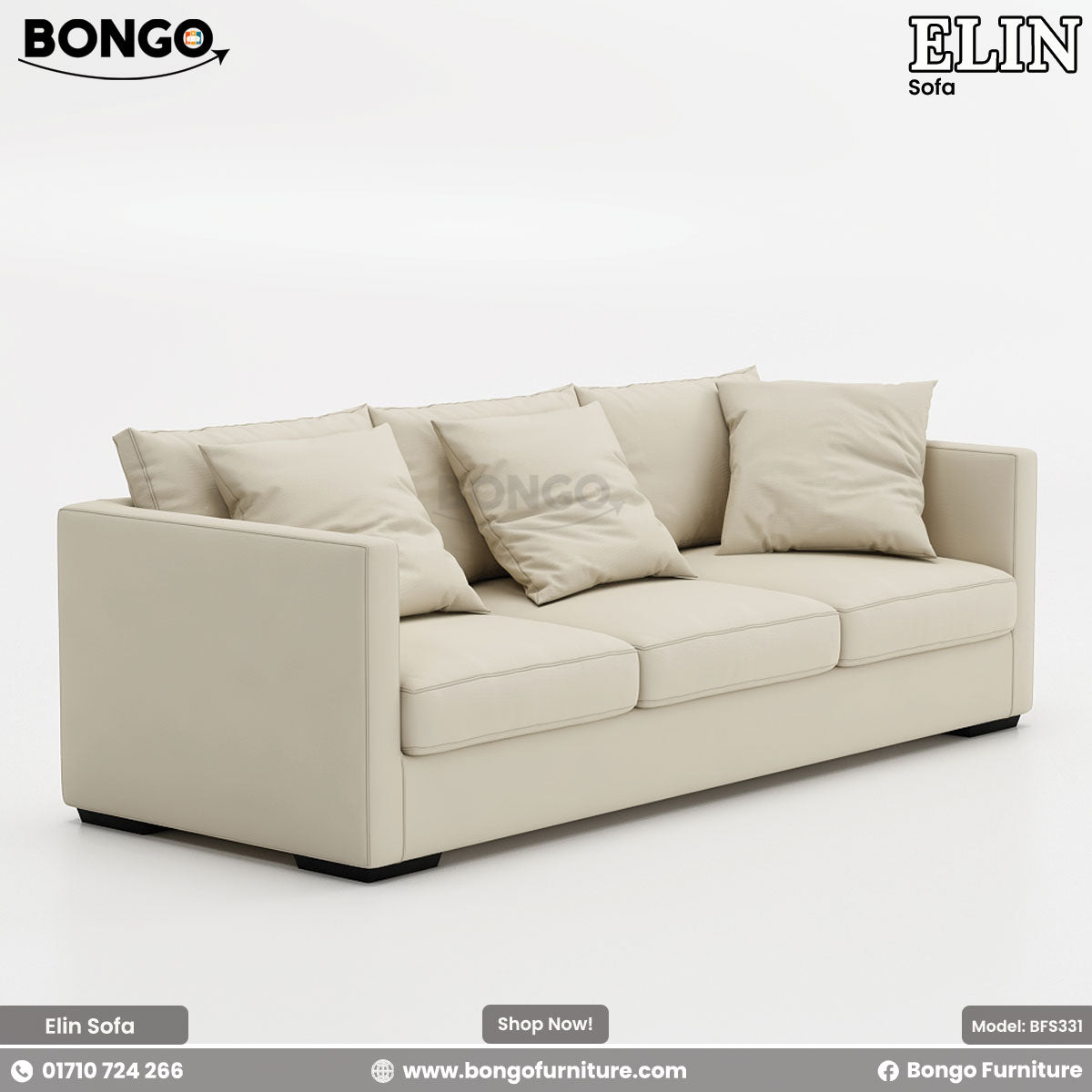 A promotional image of the 'Sofa ELIN', a modern three-seater sofa upholstered in a light cream-colored fabric. The sofa has a clean, rectangular design with slim track arms, three seat cushions, and is topped with several large, plush back cushions. It is shown against a plain white background.