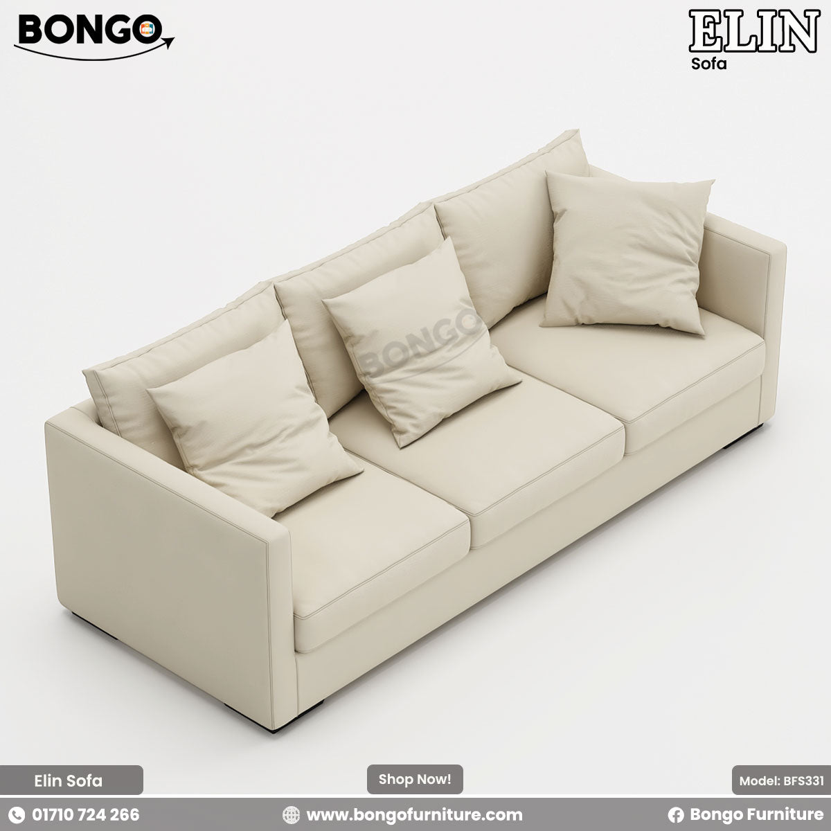 A promotional image of the 'Sofa ELIN', a modern three-seater sofa upholstered in a light cream-colored fabric. The sofa has a clean, rectangular design with slim track arms, three seat cushions, and is topped with several large, plush back cushions. It is shown against a plain white background.