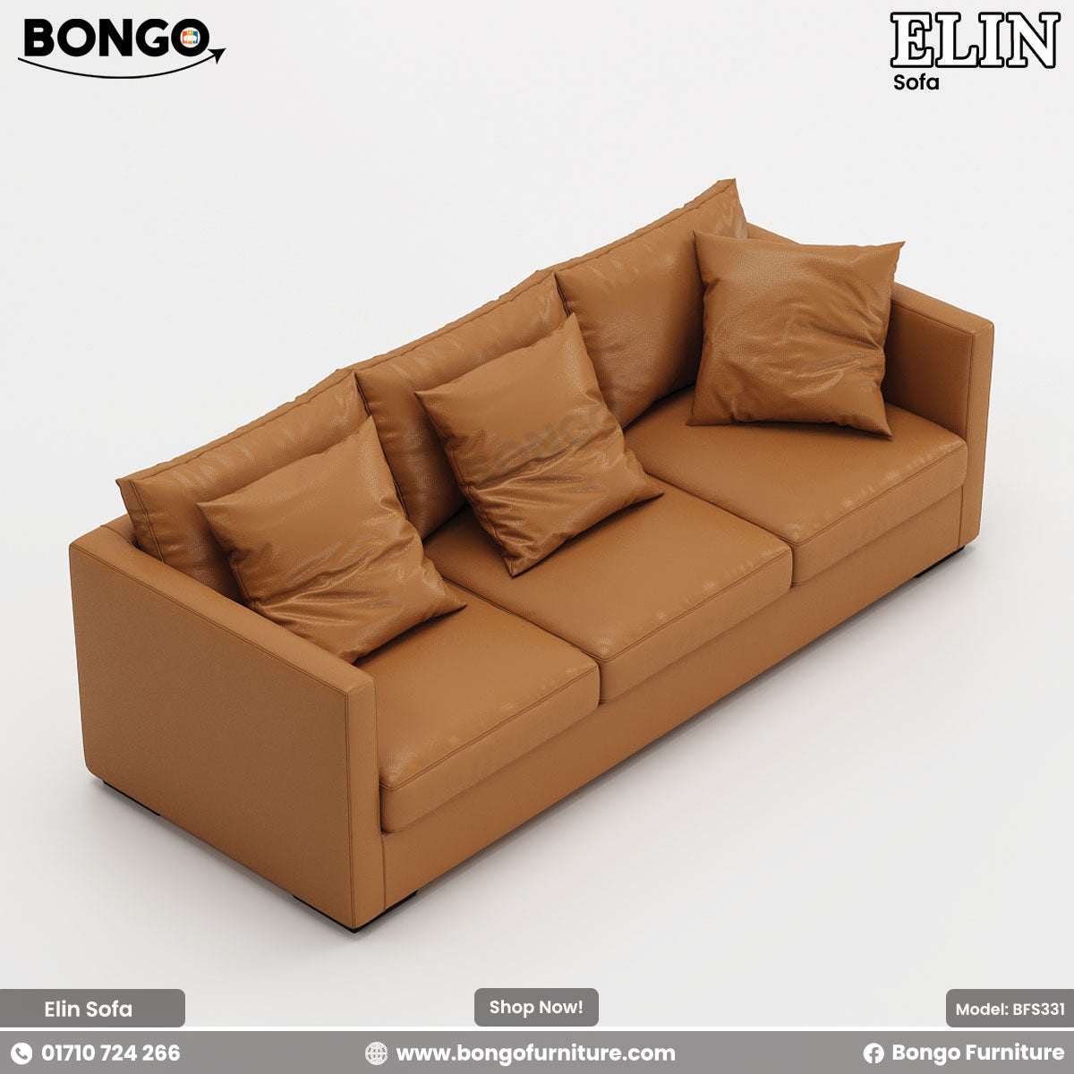 A high-angle, three-quarters view of a modern three-seater sofa upholstered entirely in a smooth, tan leather. The sofa has a clean rectangular frame with slim track arms, three seat cushions, and a back comprised of six large, soft leather pillows.