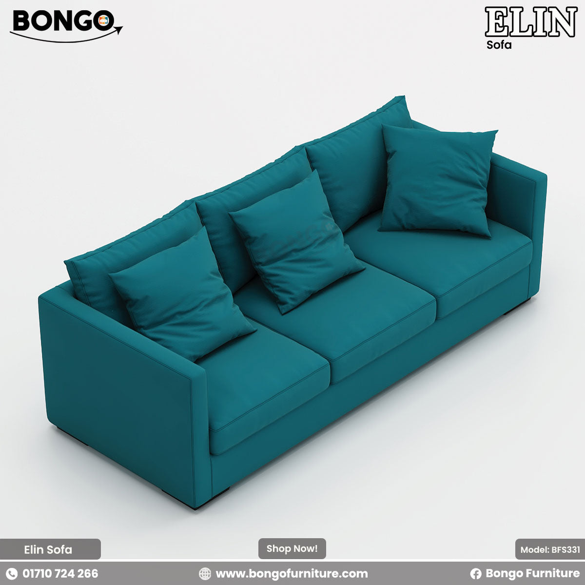 A high-angle, three-quarters view of a modern three-seater sofa upholstered in a vibrant teal fabric. The sofa features a simple rectangular frame with slim track arms and three seat cushions. The backrest is composed of six large, soft pillows for a relaxed look. The sofa is shown against a plain background.