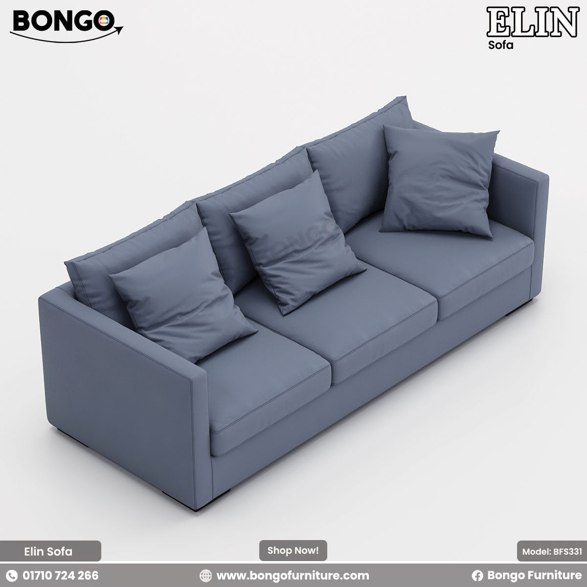 A high-angle, three-quarters view of a modern three-seater sofa upholstered in a dusty blue fabric. The sofa features a simple rectangular frame with slim track arms and three seat cushions. The backrest is composed of six large, soft pillows for a relaxed look. The sofa is shown against a plain background.