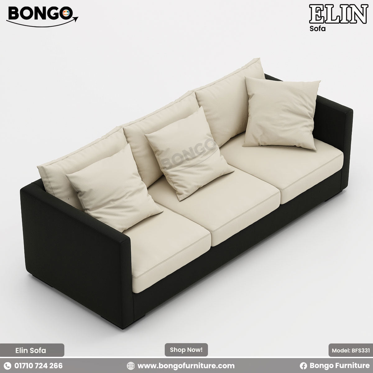 A high-angle, three-quarters view of a modern three-seater sofa with a two-tone design. The sofa's frame is upholstered in black fabric, while the three seat cushions and six plush back pillows are a contrasting light cream color. The sofa has a clean, rectangular shape with slim track arms.